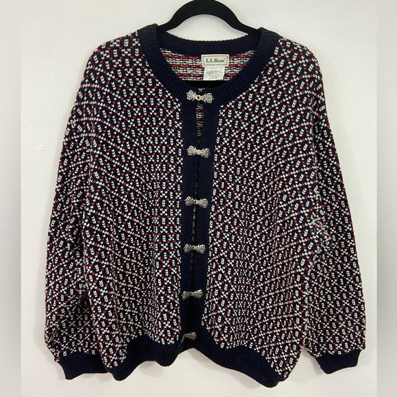 LL Bean Norwegian Wool Cardigan Sweater XL Nordic Fisherman Blue Birdseye VTG - Picture 1 of 8
